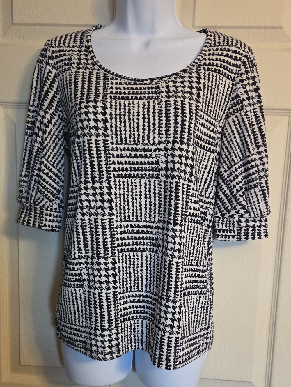 Kasper Mixed Houndstooth Puff-Sleeve Blouse Size Small